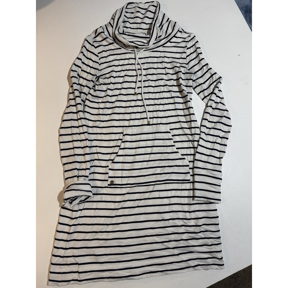 Lilly Pulitzer Striped Cowl Neck Dress Womens XS White Navy Blue Coastal Preppy